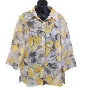 Alfred Dunner Women Top 18 Plus Yellow Floral Sheer Lightweight Button Up Career